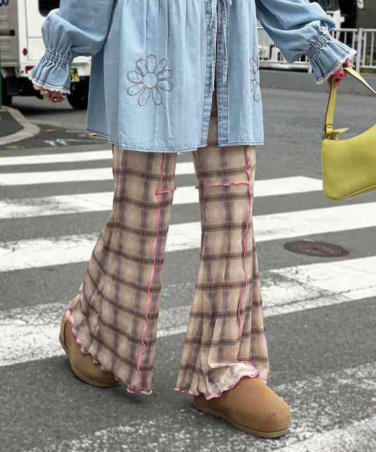 【HELLO.SANFRANCISCO/ハローサンフランシスコ】格紋荷葉邊拼接喇叭褲