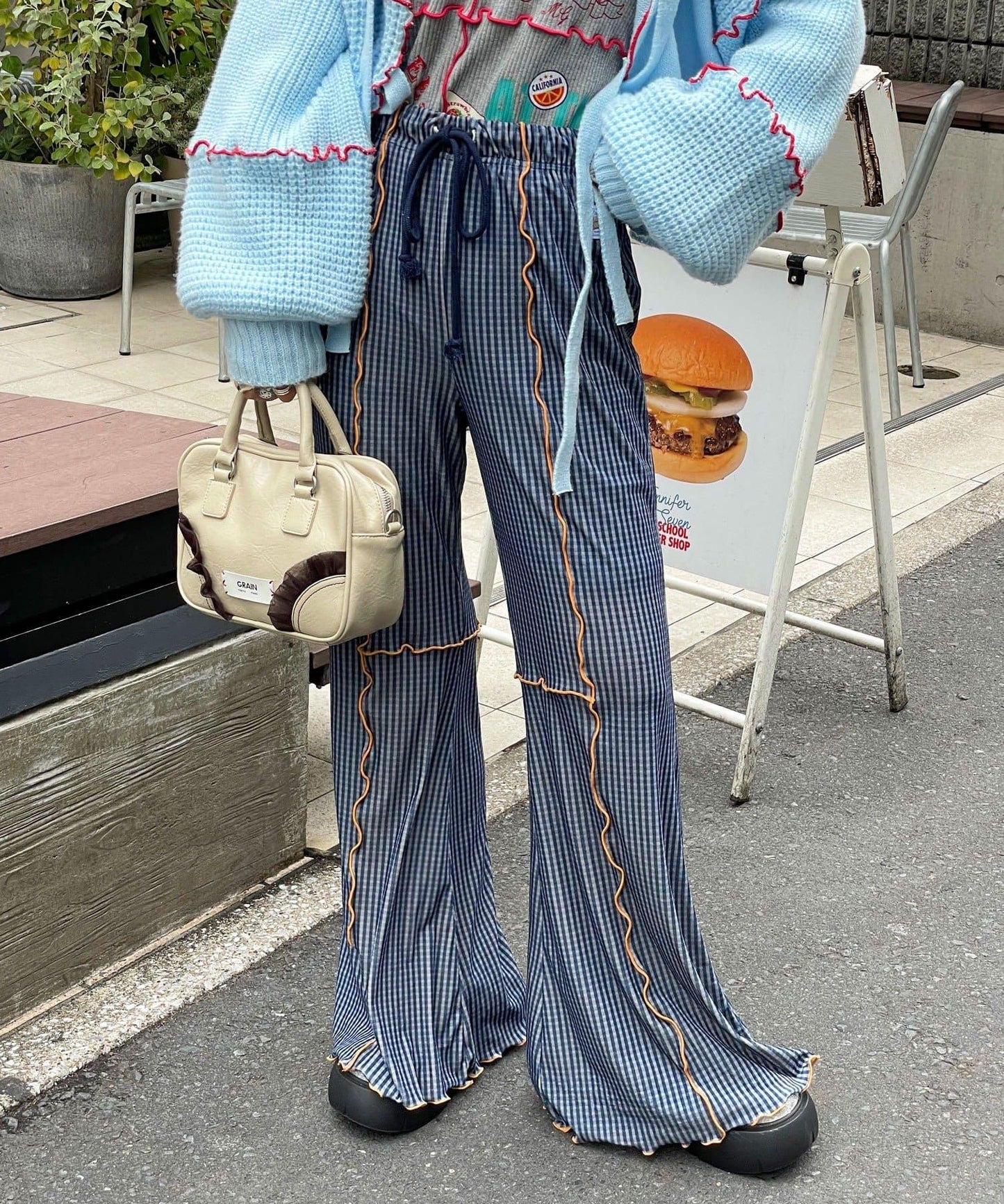 【HELLO.SANFRANCISCO/ハローサンフランシスコ】格紋荷葉邊拼接喇叭褲