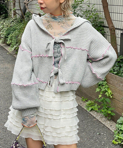 H.S拼色卷邊拼接連帽開衫