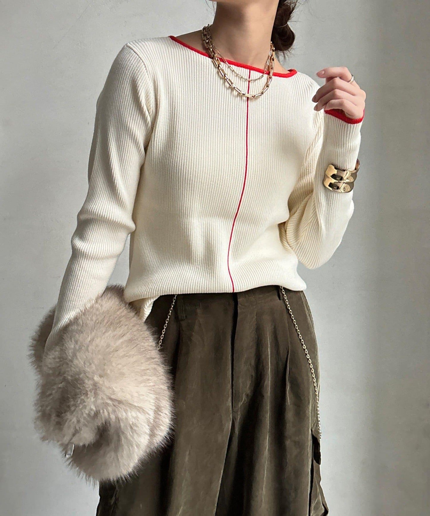 前後兩穿拼色羅紋針織衫