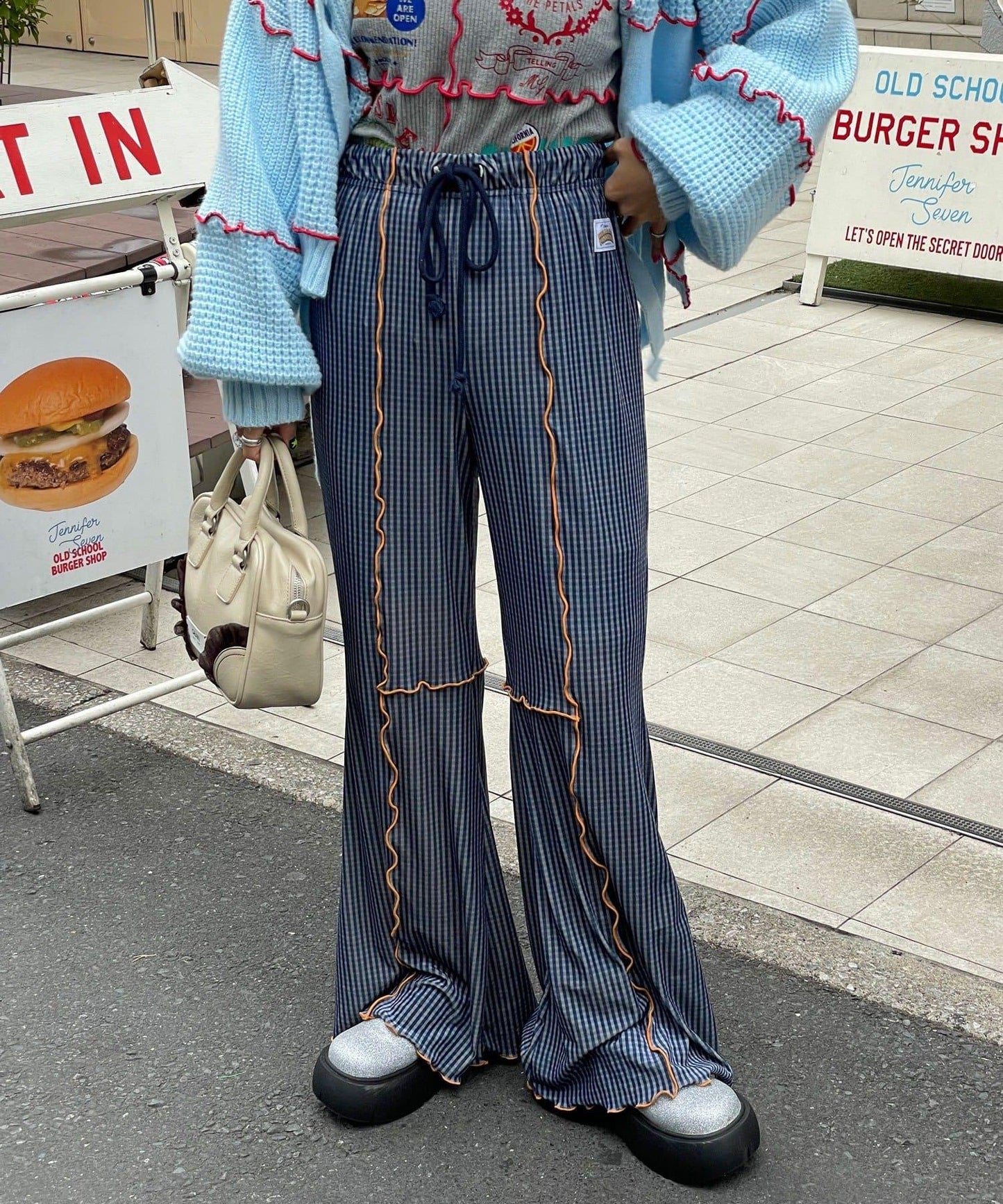 【HELLO.SANFRANCISCO/ハローサンフランシスコ】格紋荷葉邊拼接喇叭褲