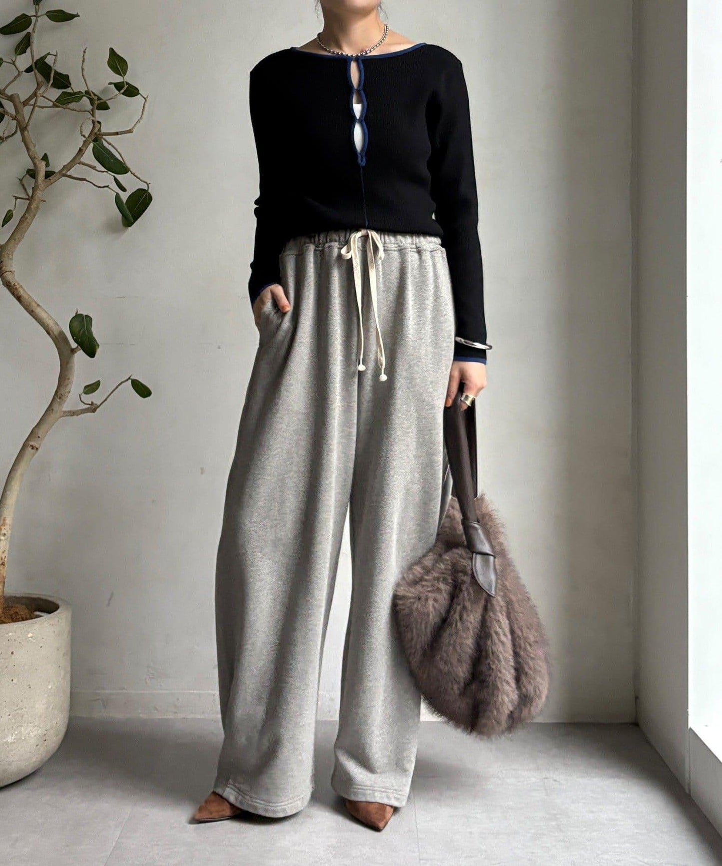 前後兩穿拼色羅紋針織衫