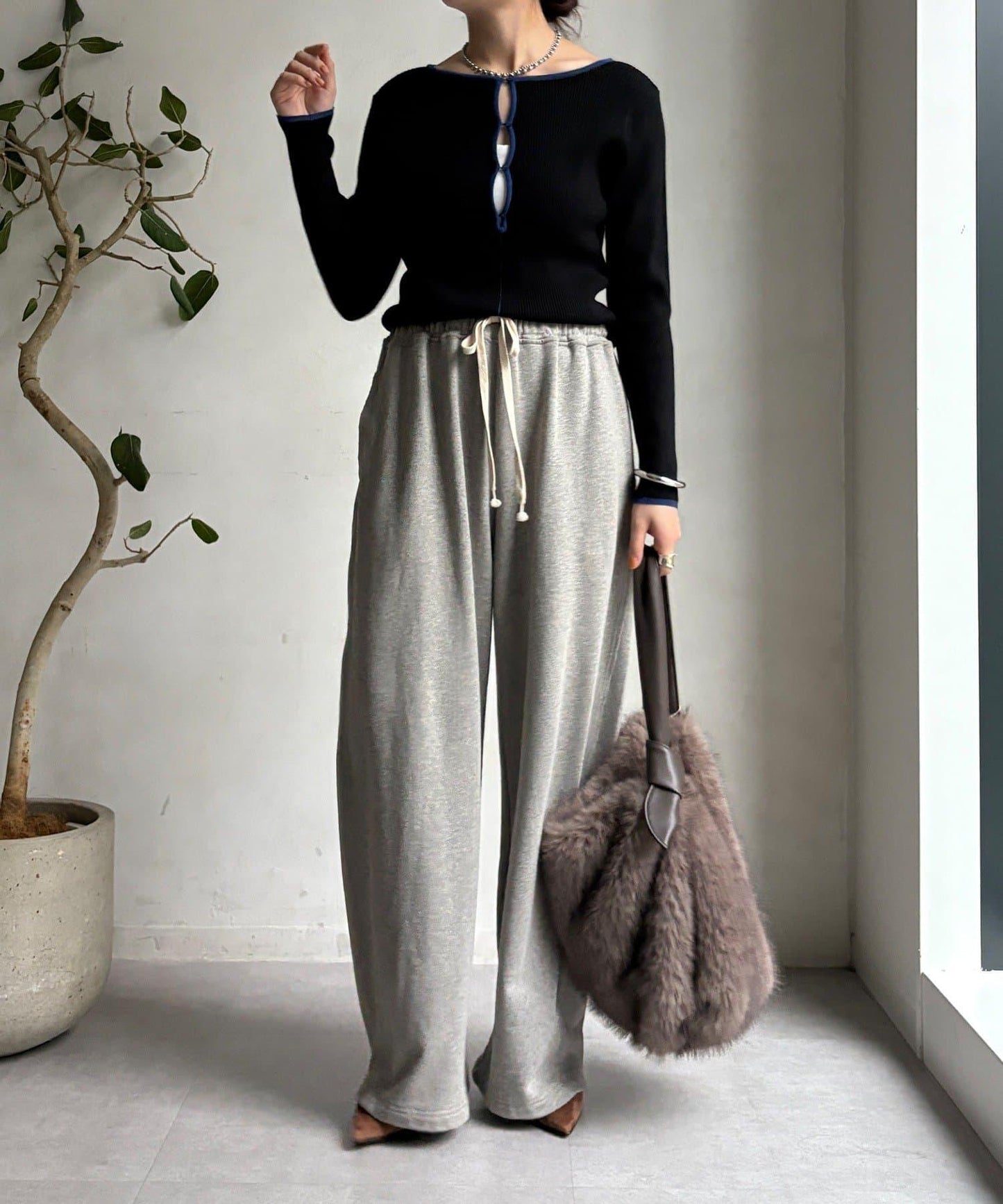 前後兩穿拼色羅紋針織衫