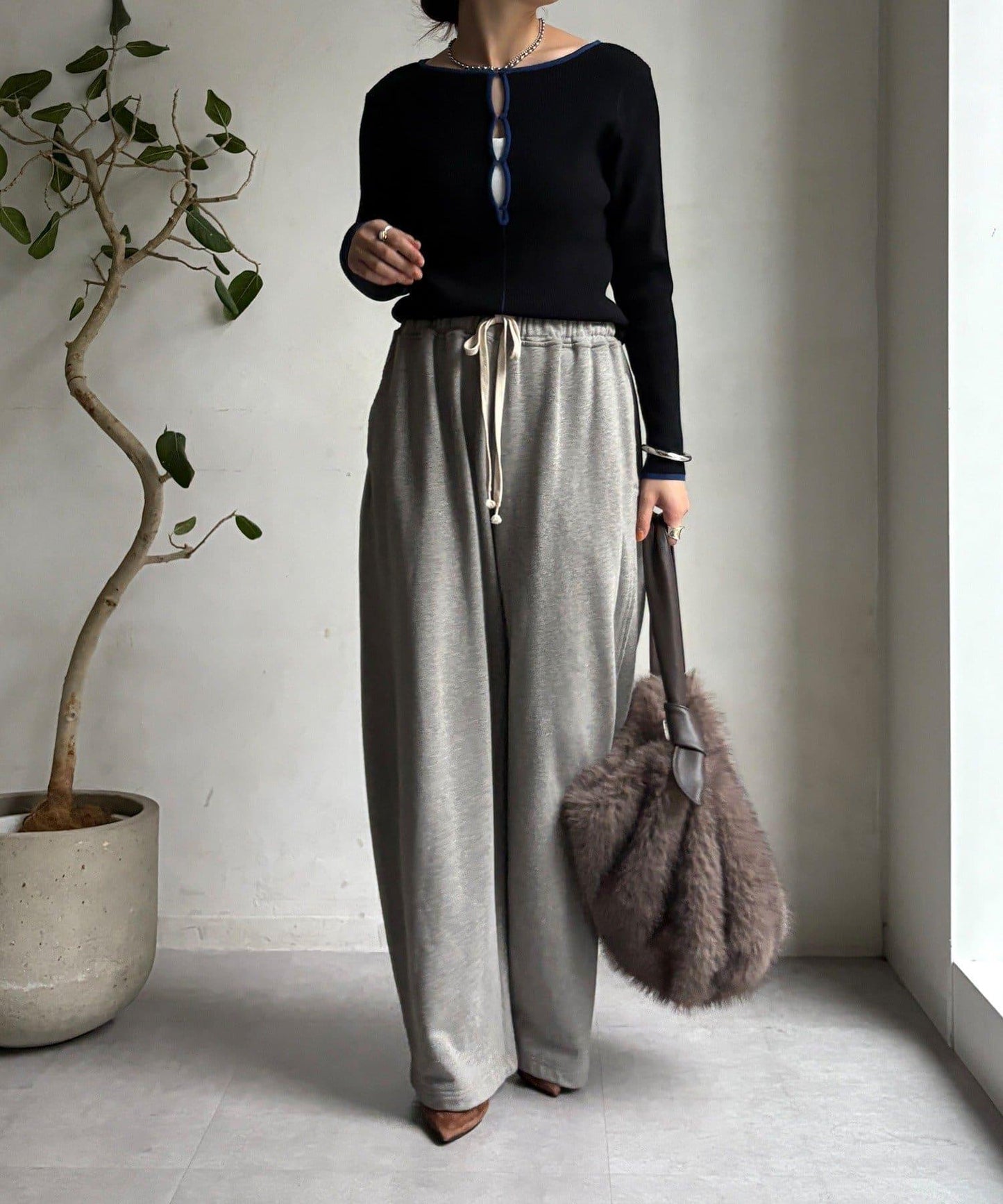 前後兩穿拼色羅紋針織衫