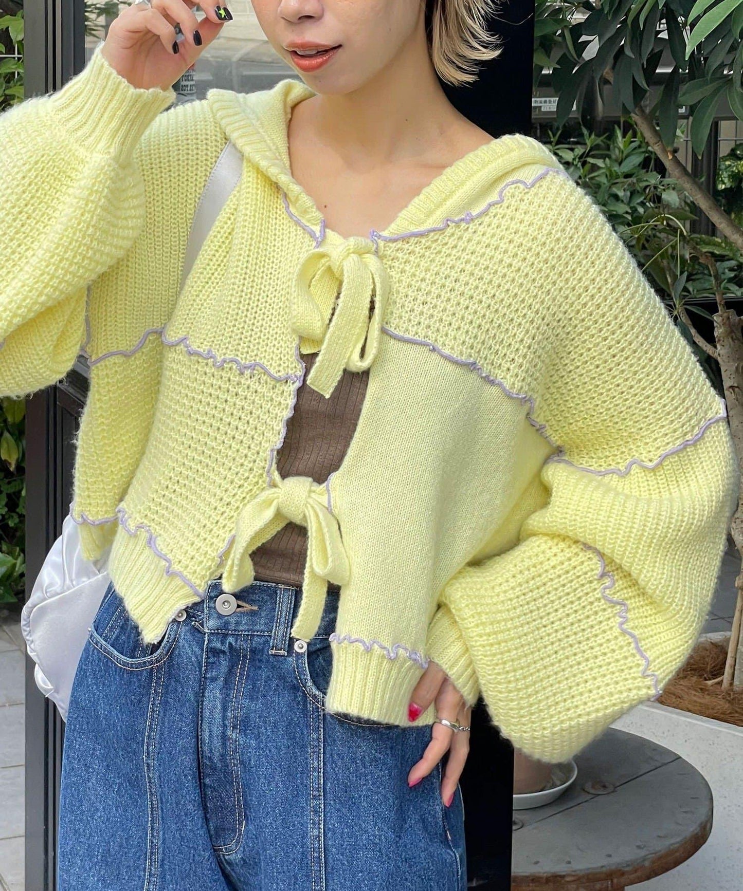 H.S拼色卷邊拼接連帽開衫