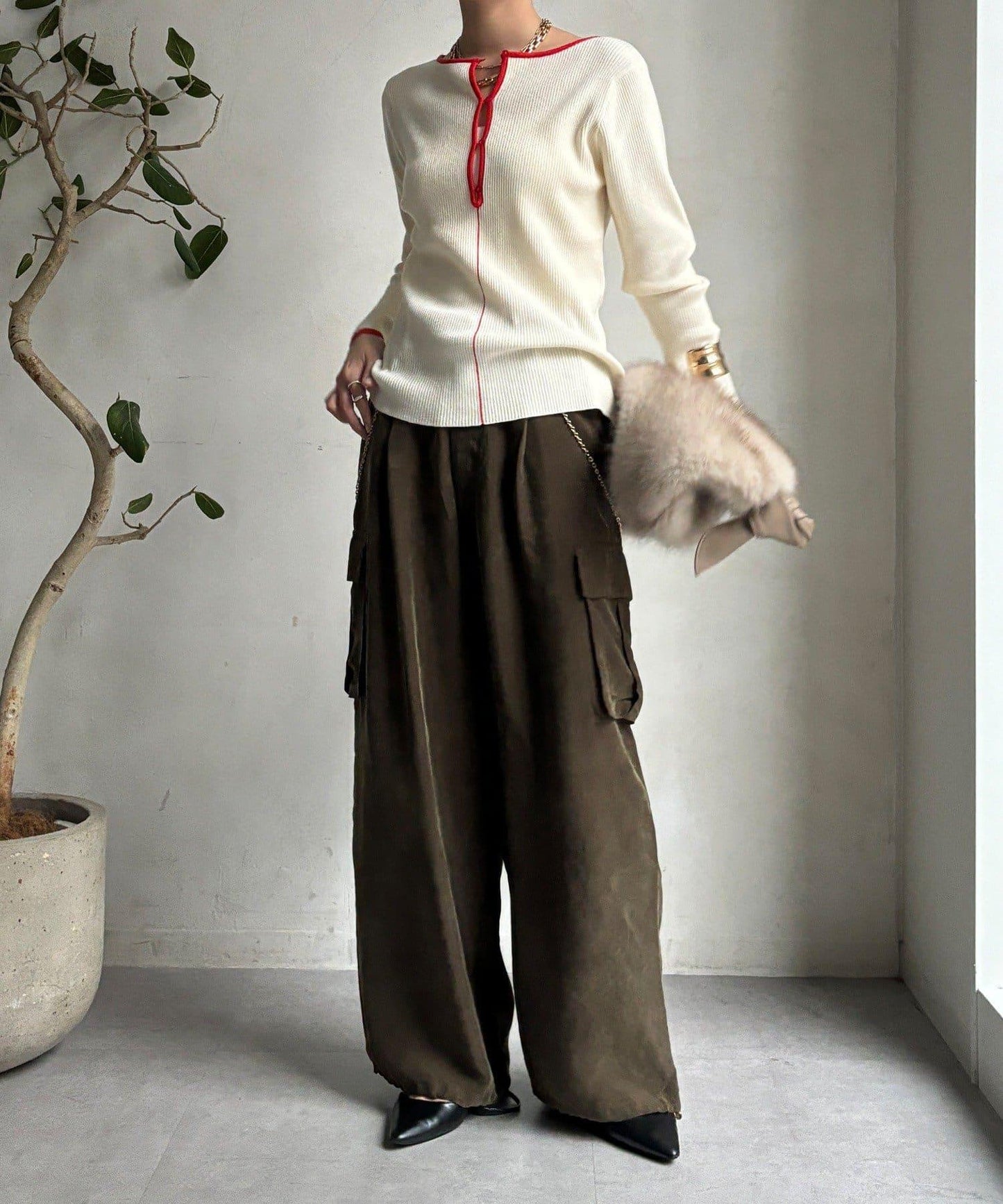 前後兩穿拼色羅紋針織衫