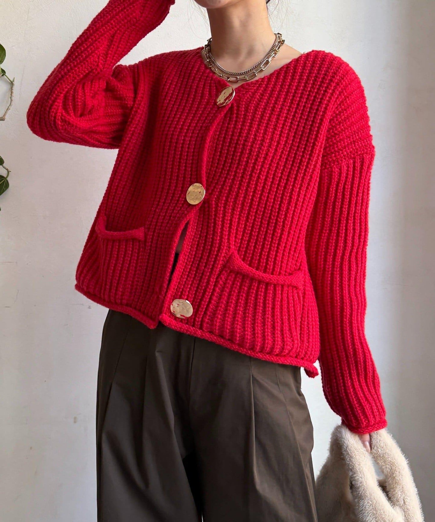 金屬大紐扣粗針織開衫