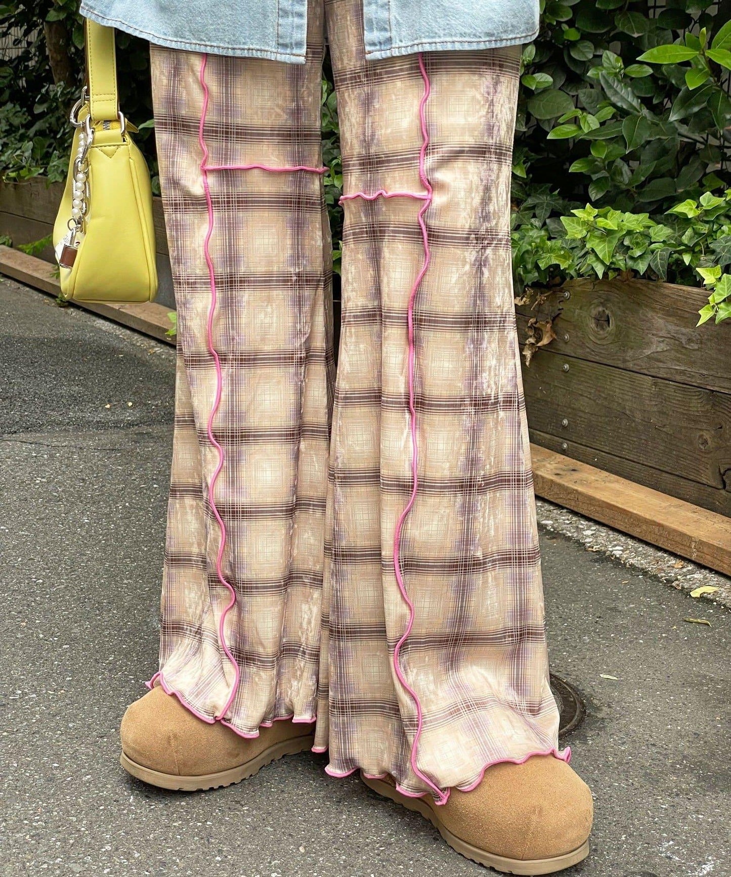 【HELLO.SANFRANCISCO/ハローサンフランシスコ】格紋荷葉邊拼接喇叭褲