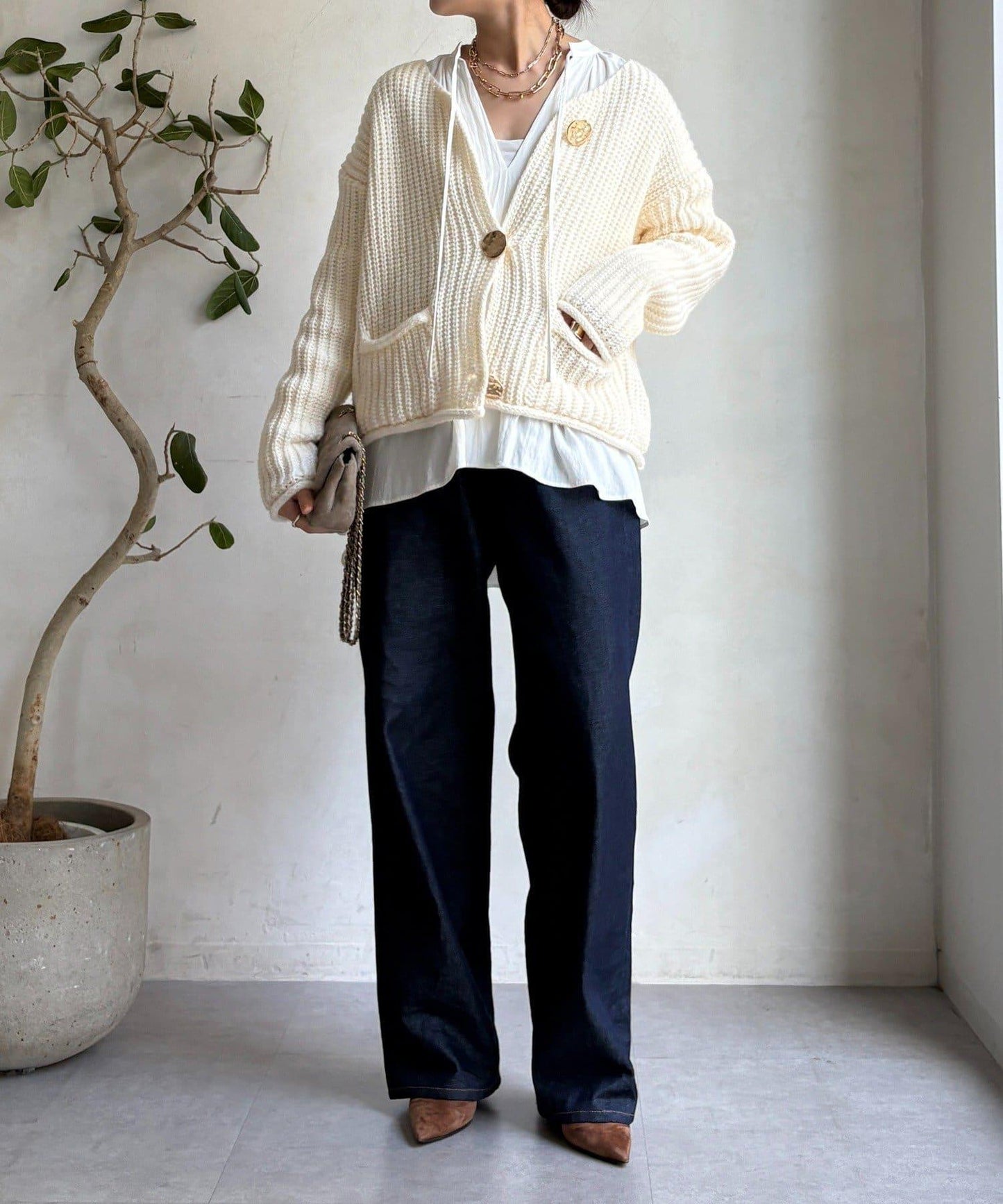 金屬大紐扣粗針織開衫