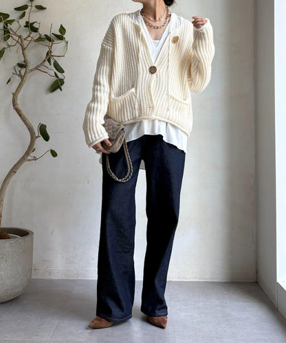 金屬大紐扣粗針織開衫