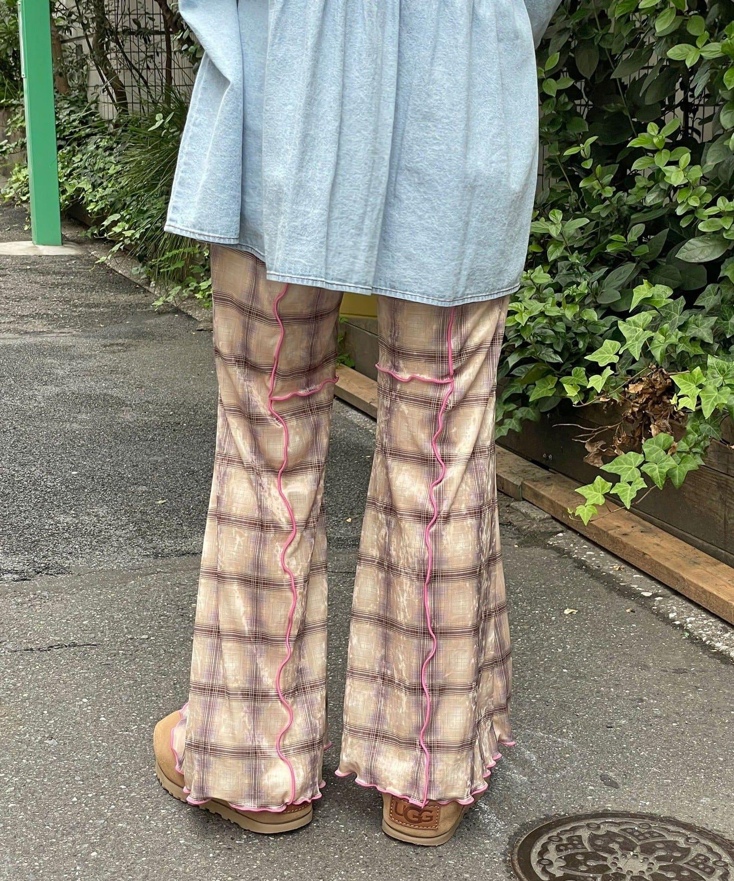 【HELLO.SANFRANCISCO/ハローサンフランシスコ】格紋荷葉邊拼接喇叭褲