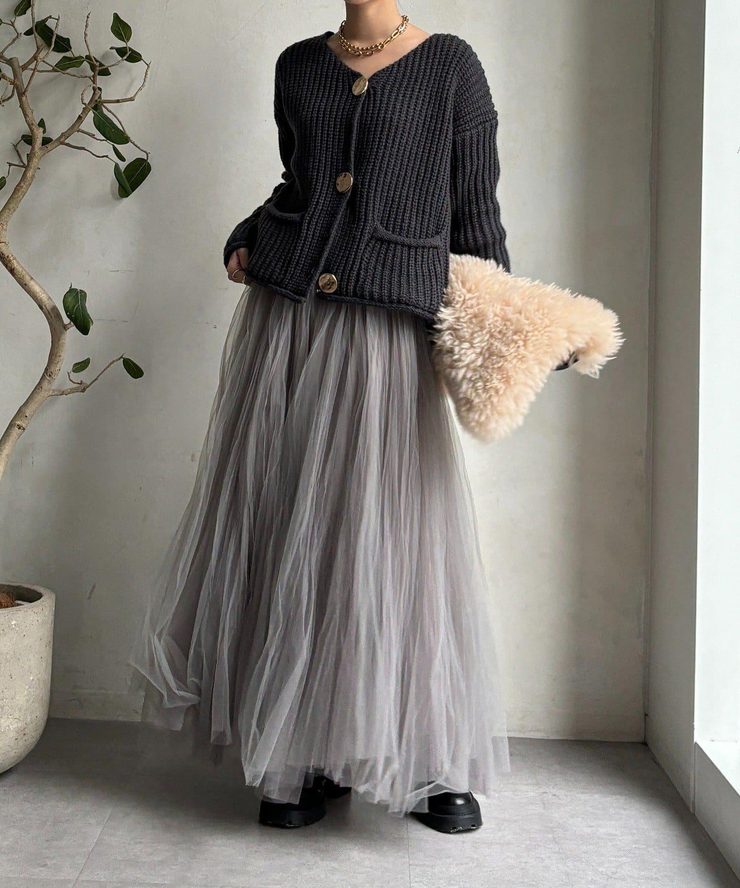 金屬大紐扣粗針織開衫