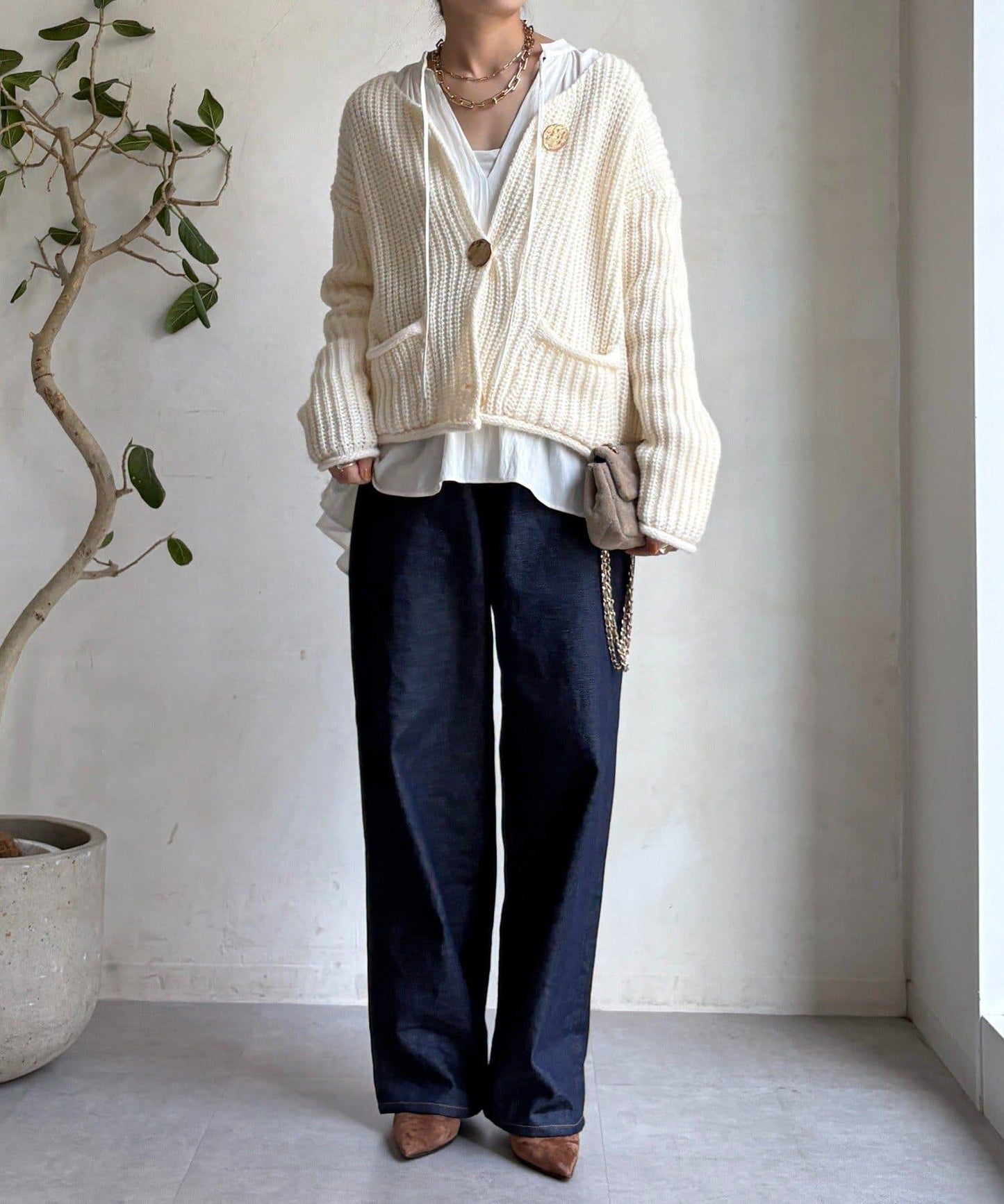 金屬大紐扣粗針織開衫