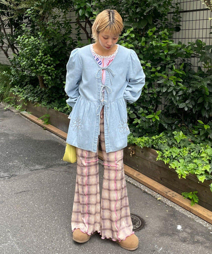 【HELLO.SANFRANCISCO/ハローサンフランシスコ】格紋荷葉邊拼接喇叭褲