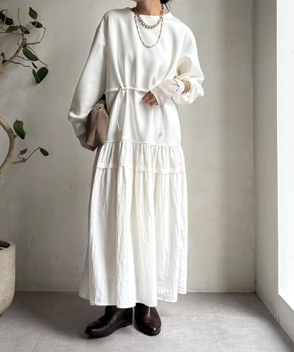 腰部抽繩拼接連衣裙