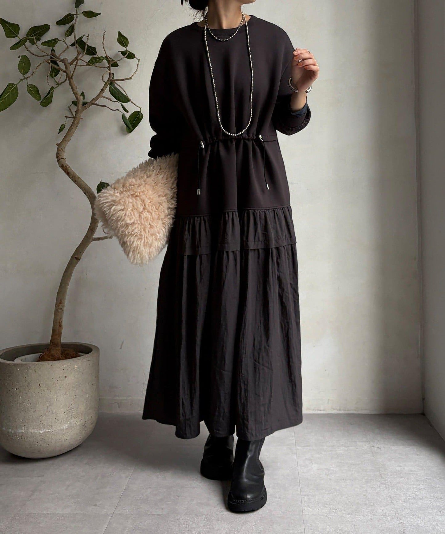 腰部抽繩拼接連衣裙