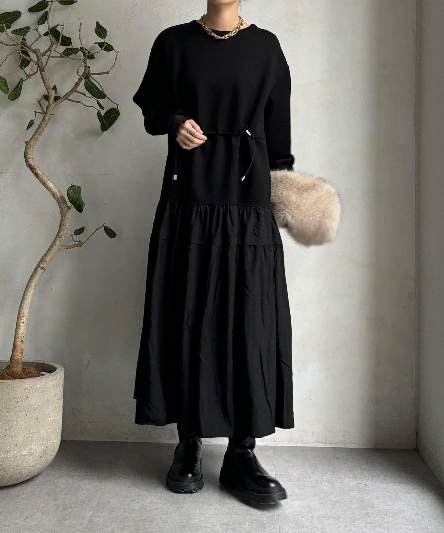 腰部抽繩拼接連衣裙