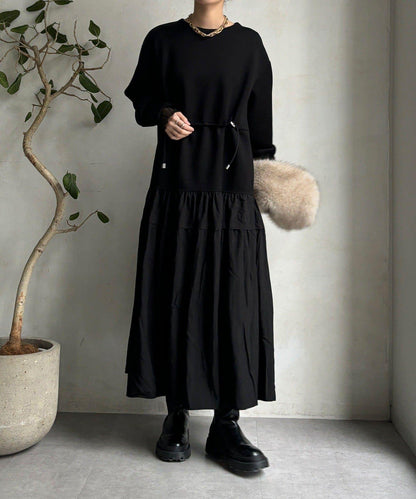 腰部抽繩拼接連衣裙