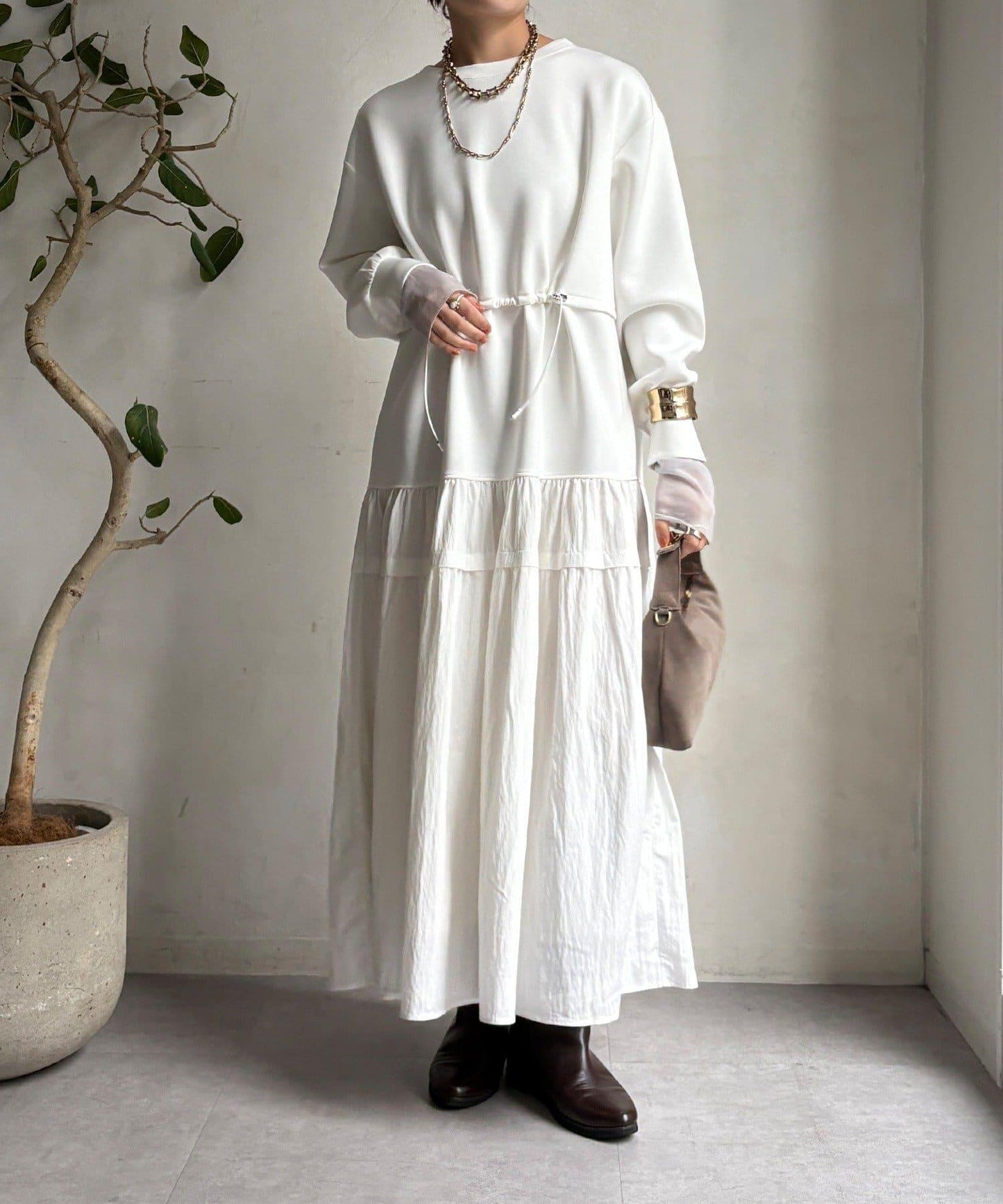 腰部抽繩拼接連衣裙