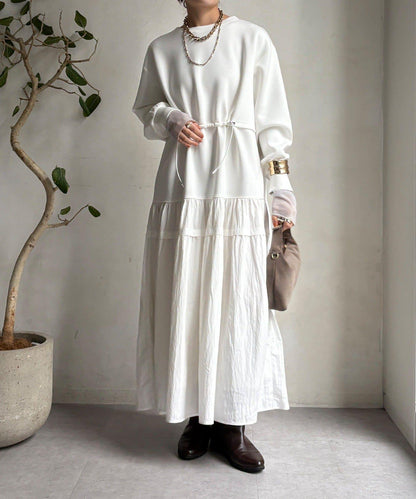 腰部抽繩拼接連衣裙