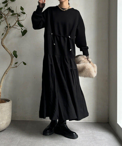 腰部抽繩拼接連衣裙