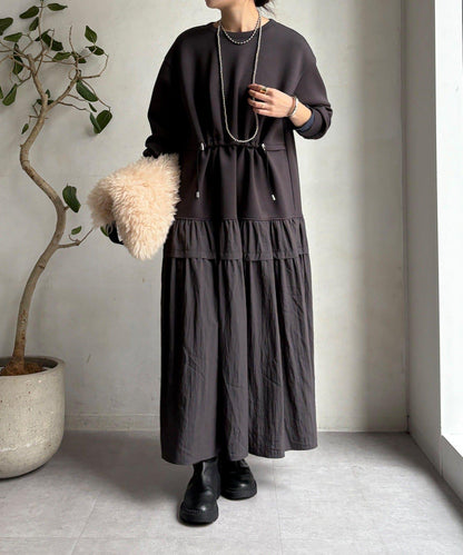 腰部抽繩拼接連衣裙