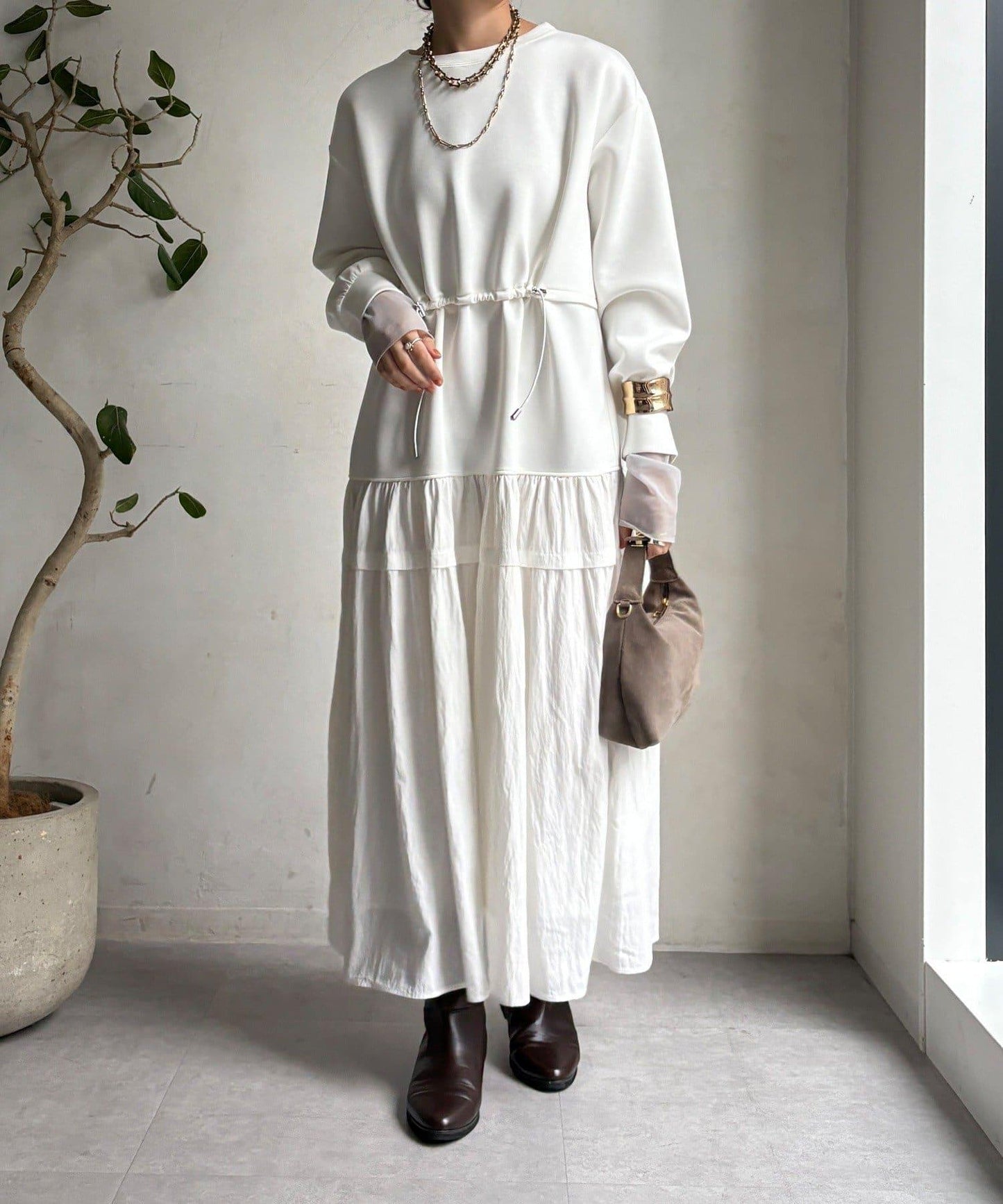 腰部抽繩拼接連衣裙