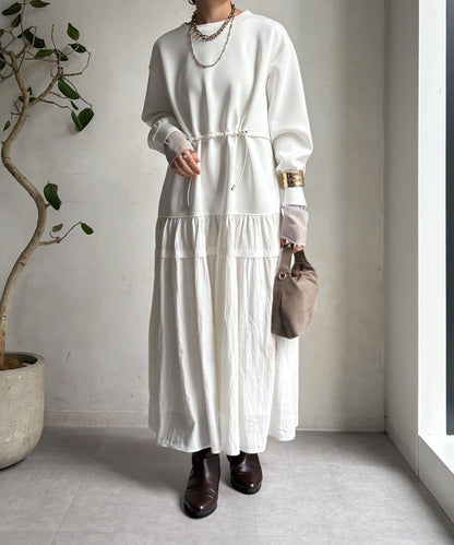 腰部抽繩拼接連衣裙