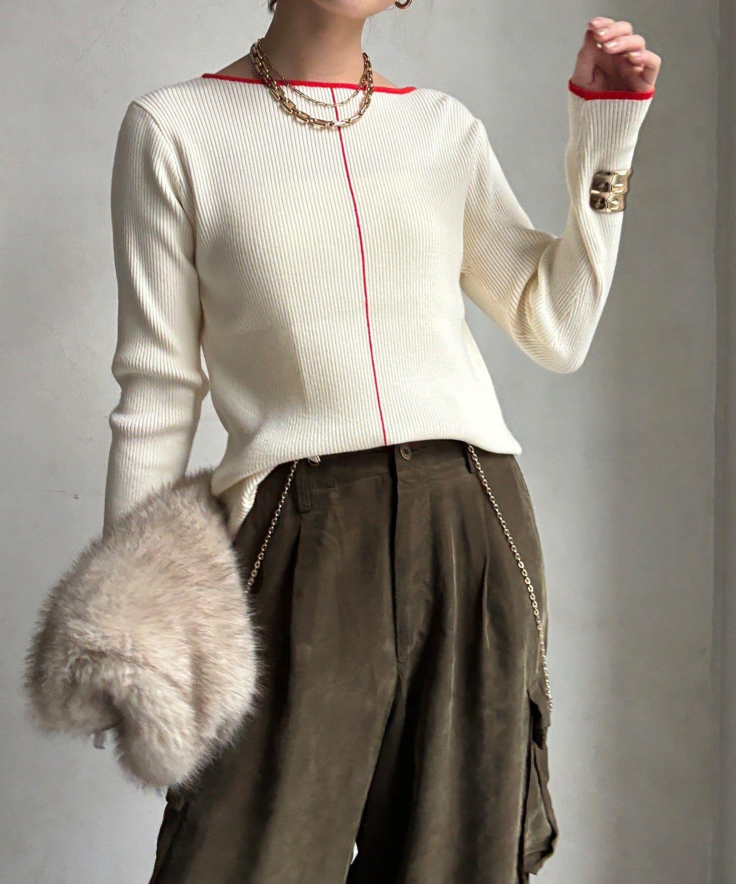 前後兩穿拼色羅紋針織衫