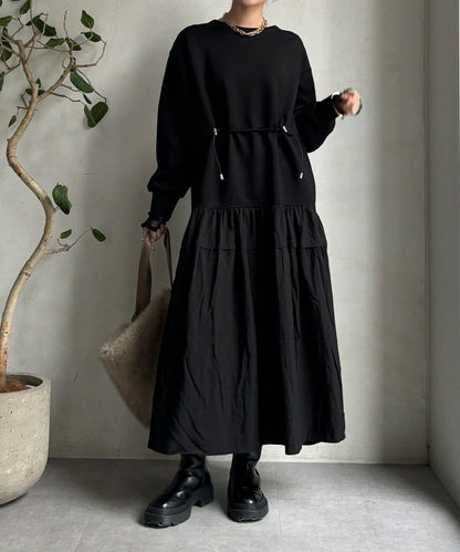 腰部抽繩拼接連衣裙