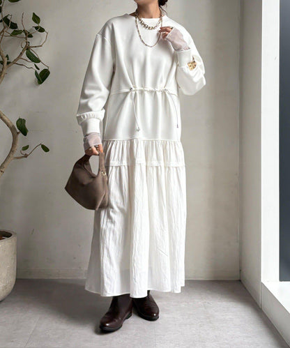 腰部抽繩拼接連衣裙