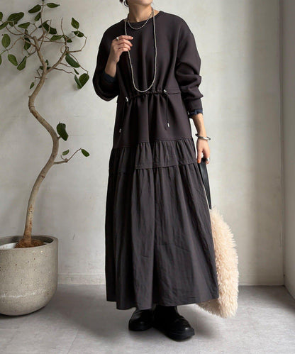 腰部抽繩拼接連衣裙