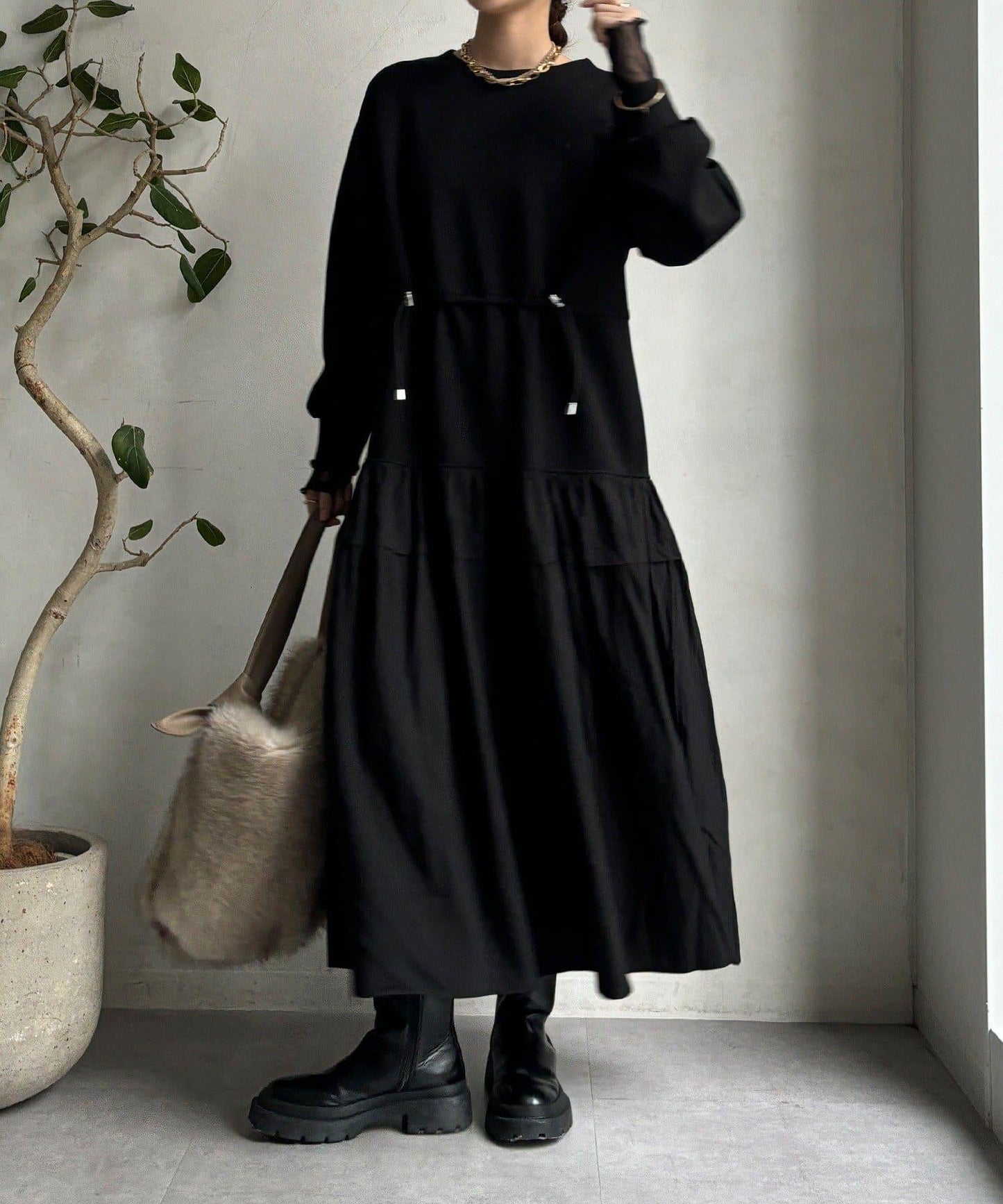 腰部抽繩拼接連衣裙