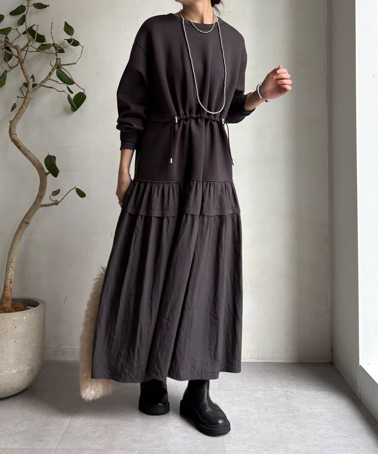 腰部抽繩拼接連衣裙