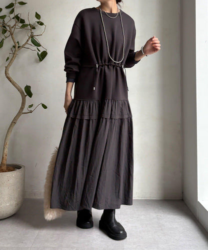 腰部抽繩拼接連衣裙