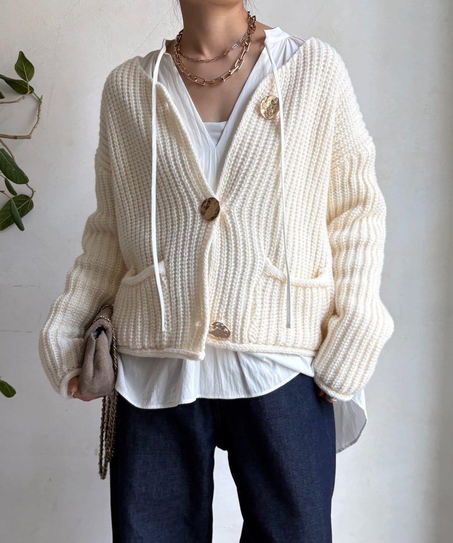 金屬大紐扣粗針織開衫