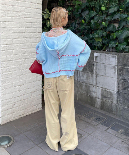 H.S拼色卷邊拼接連帽開衫