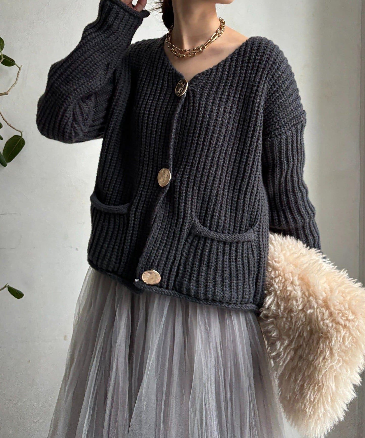 金屬大紐扣粗針織開衫