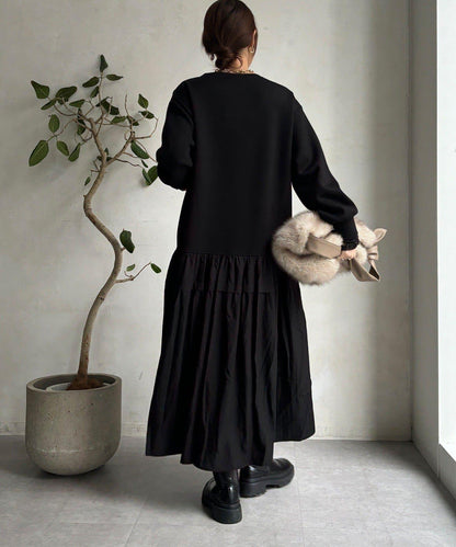 腰部抽繩拼接連衣裙