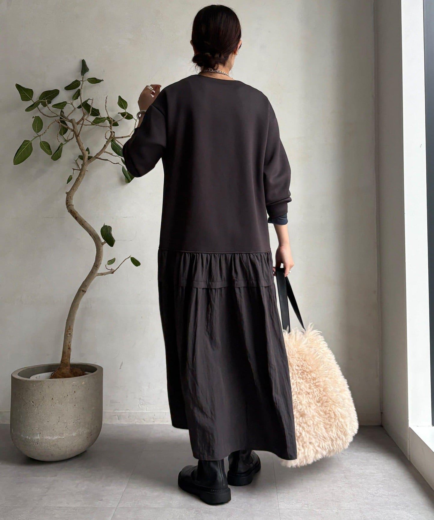 腰部抽繩拼接連衣裙