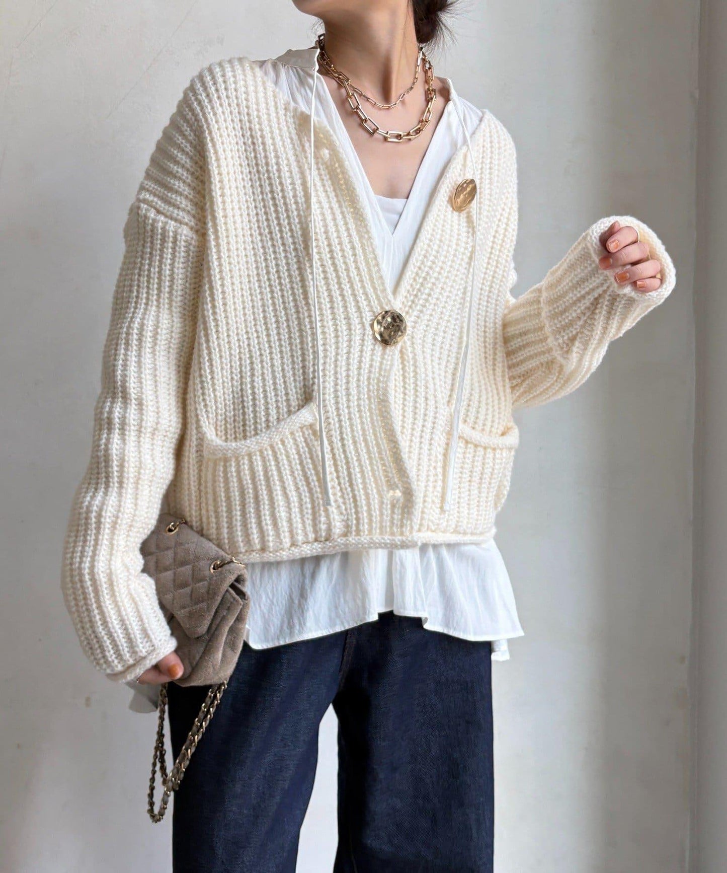 金屬大紐扣粗針織開衫