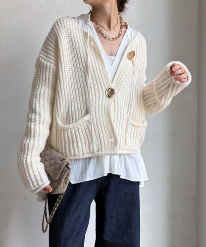 金屬大紐扣粗針織開衫
