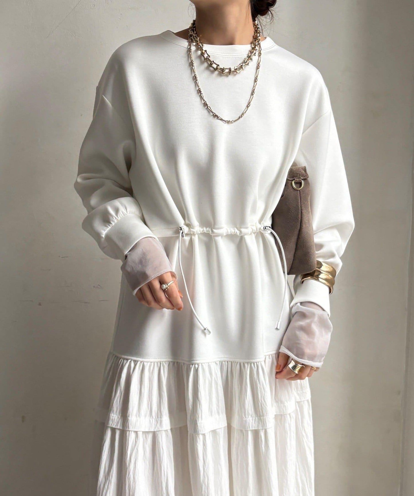 腰部抽繩拼接連衣裙