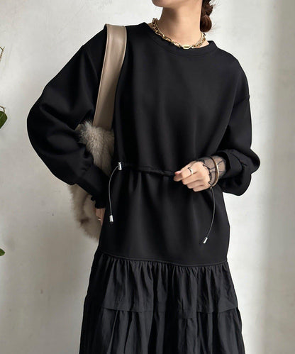 腰部抽繩拼接連衣裙