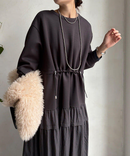 腰部抽繩拼接連衣裙