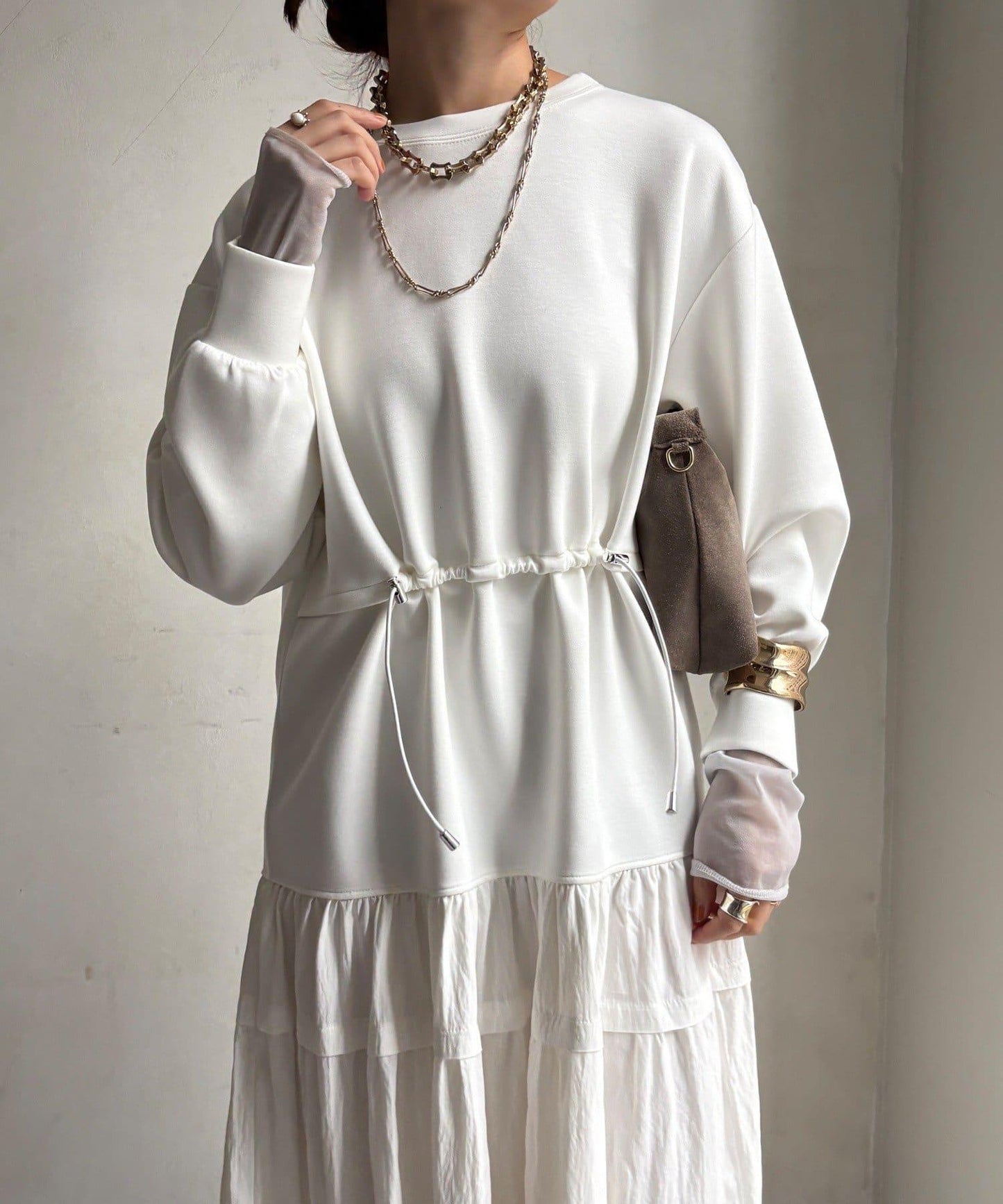 腰部抽繩拼接連衣裙