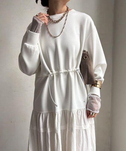 腰部抽繩拼接連衣裙