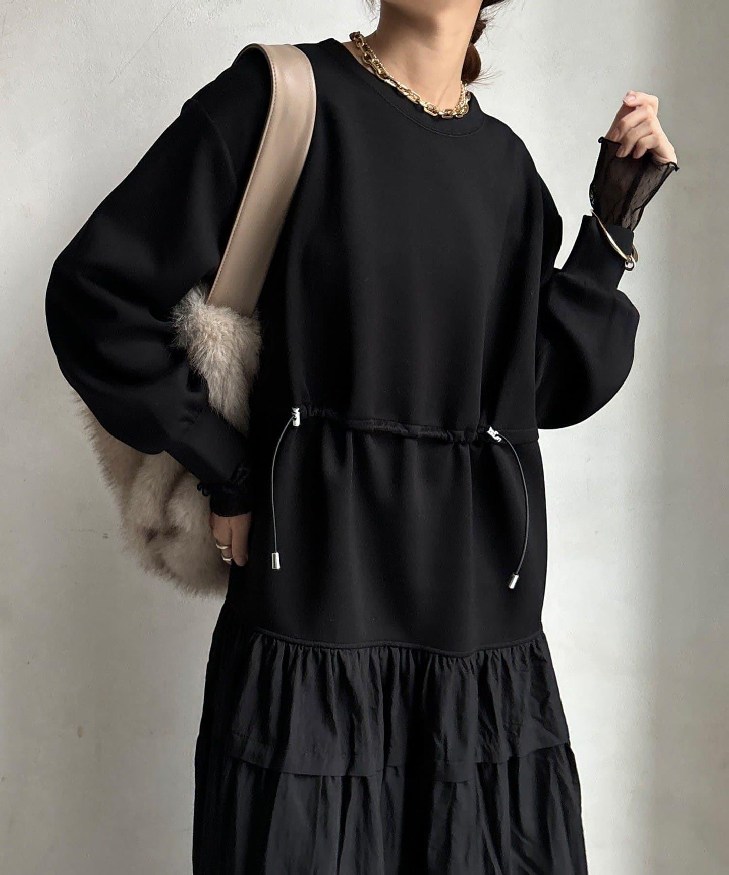 腰部抽繩拼接連衣裙