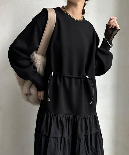 腰部抽繩拼接連衣裙