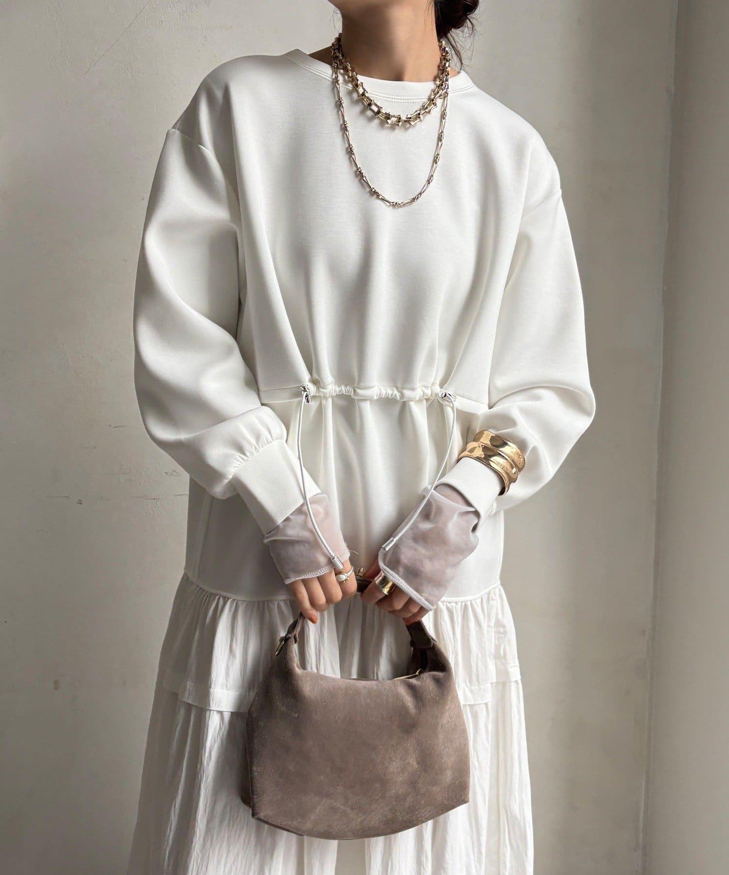 腰部抽繩拼接連衣裙